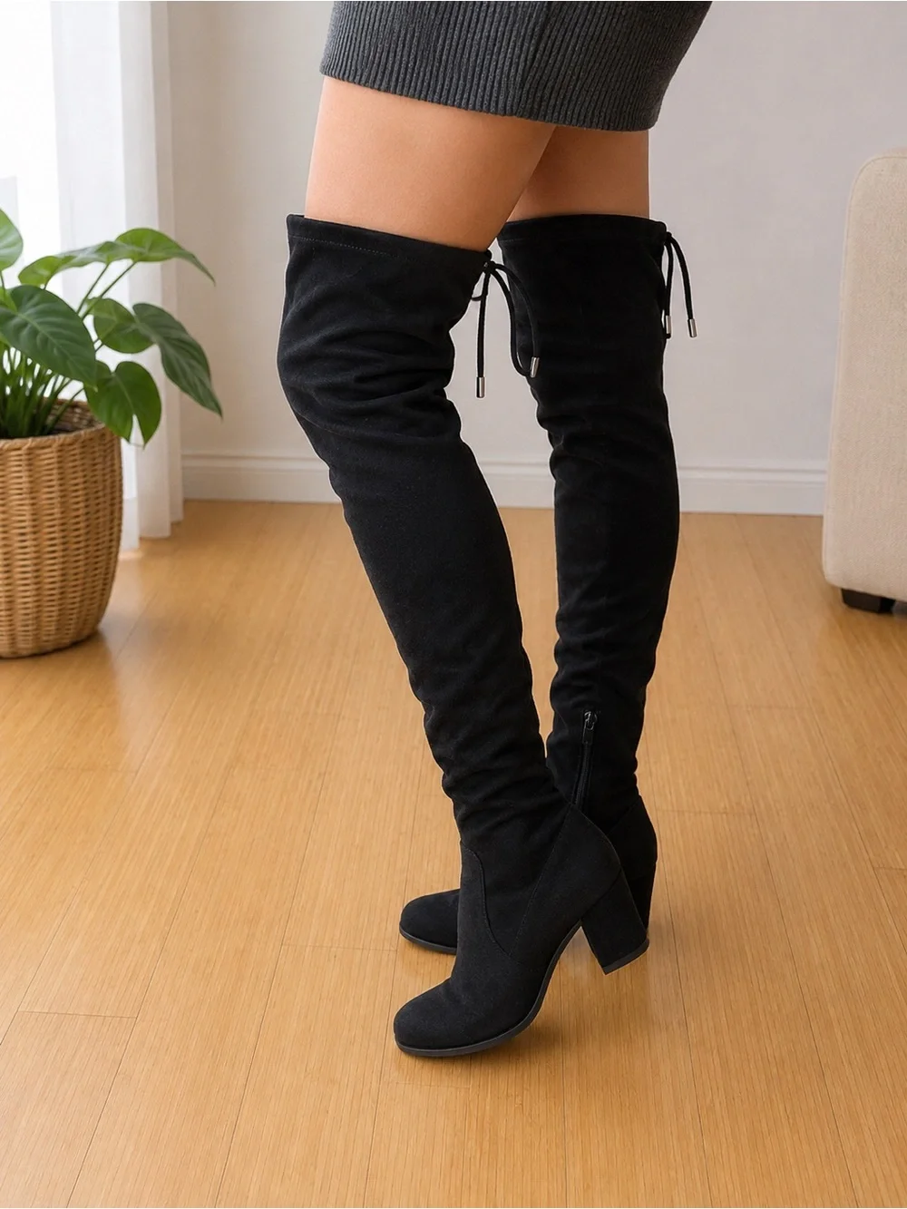 Women's Black Over-the-Knee Stretch Suede Boots